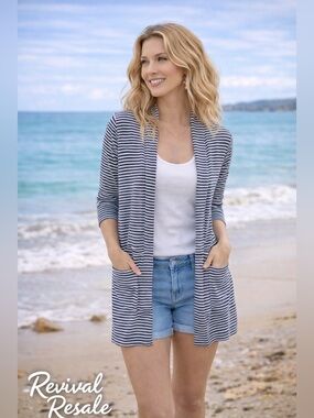 LOFT Navy and White Striped Open-Front Swim Coverup Cardigan
